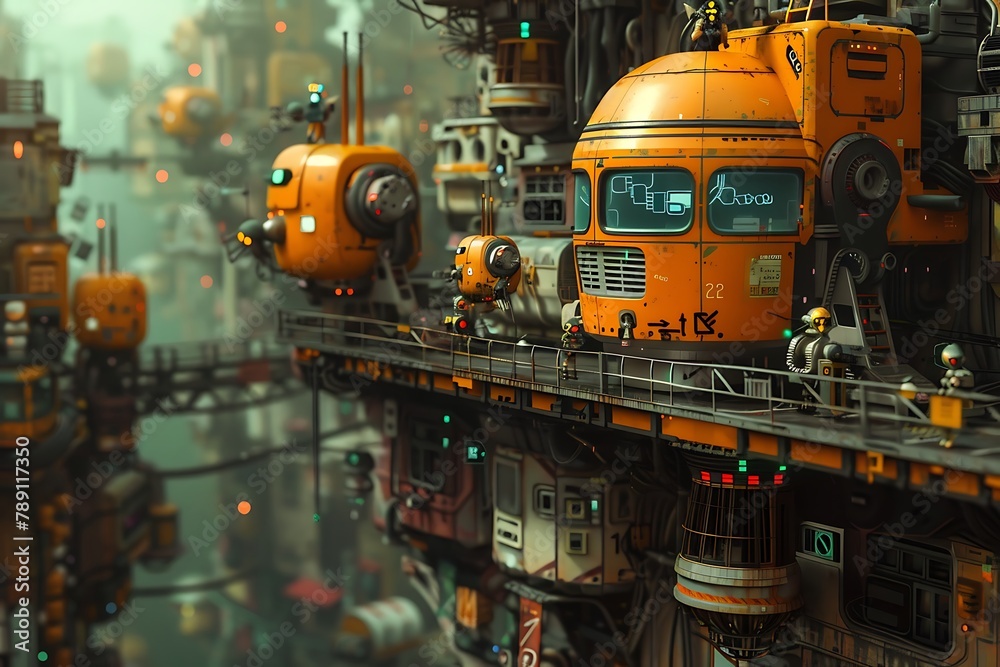 : A microscopic world, but this time with friendly robots tending to delicate machinery within a bustling cityscape.