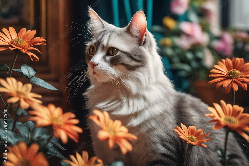 A painting of a cat surrounded by flowers, cat portrait painting. A painting of a cat surrounded by flowers, cat portrait painting.