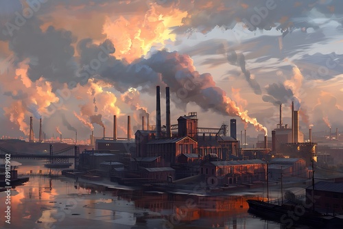: A massive, sprawling factory, with smokestacks billowing dark clouds into the sky