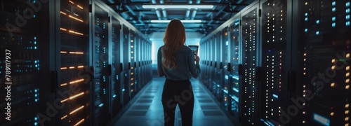 A female analyst in a data center focuses on analyzing large amounts of data to ensure its security and storage in cloud storage.