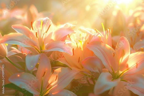 Vibrant Lilies Glowing in Ethereal Sunlight - A Radiant Close-up Cluster of Life and Energy