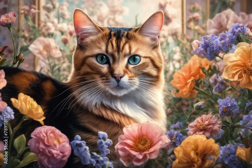 A painting of a cat surrounded by flowers, cat portrait painting. © SOLOTU