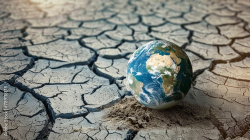 Earth globe on the dry cracked soil. World Water Day concept