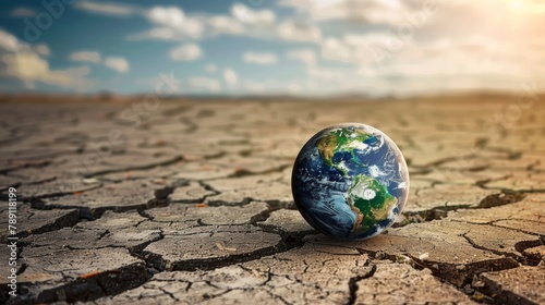 Earth globe on the dry cracked soil. World Water Day concept