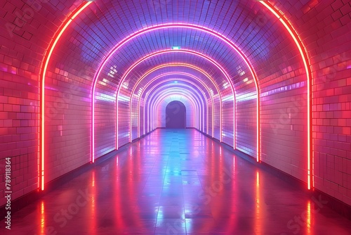 Long Tunnel With Red and Blue Lights. Generative AI