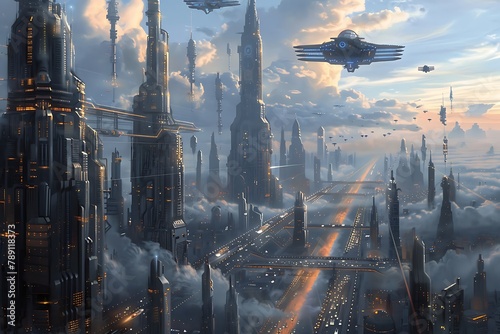 : A massive, futuristic city, with towering skyscrapers and flying vehicles weaving in and out of traffic