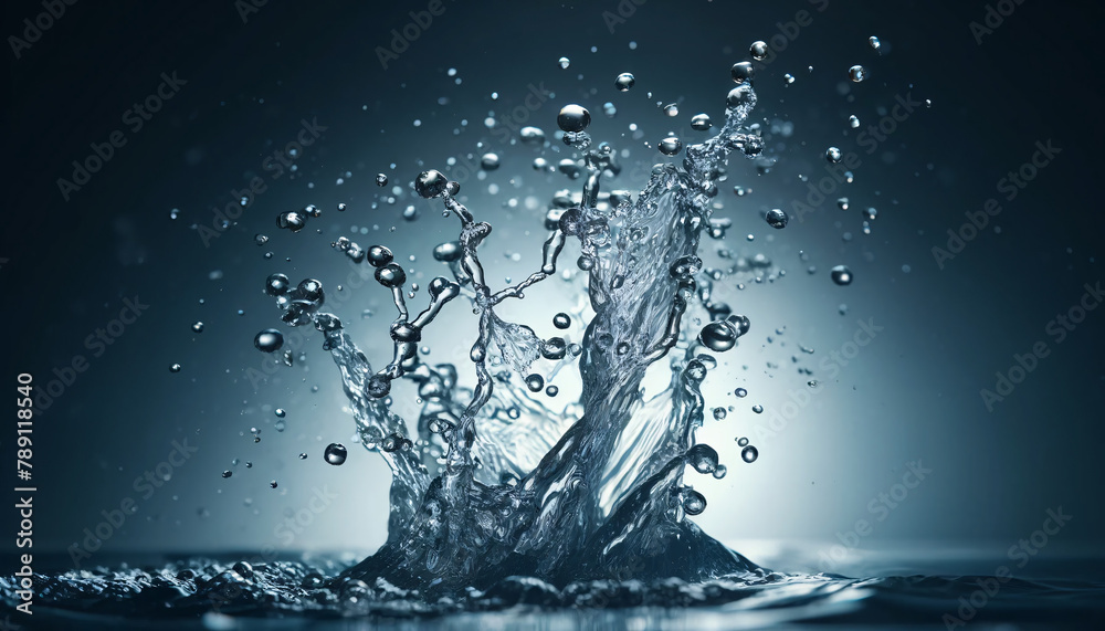 The dynamic movement of splashing water in high detail, water splashing upward with numerous droplets suspended
