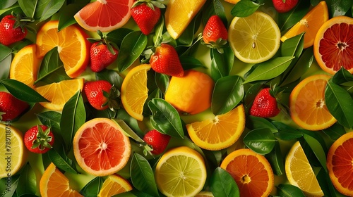 Colorful pattern made of citrus fruits leaves and strawberries   Generative AI