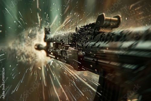 : A machine gun with a suppressor, surrounded by a blur of movement and sound waves photo