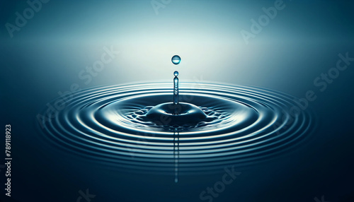 The moment a single water droplet impacts the surface of still water, set against a soothing blue background