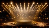 The golden stage is surrounded by lights, with light beams shining down on the center of the round podium.
