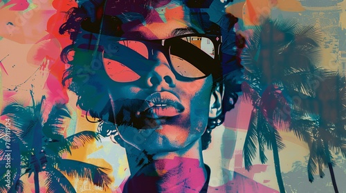 a pop art collage depicting a young man wearing distinctive sunglasses set against a palm tree backdrop, evoking the essence of summer vibes