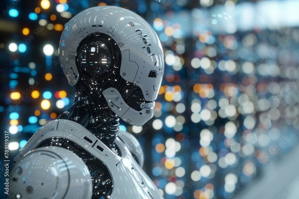 Detailed view of a humanoid robot face, showcasing advanced technology and artificial intelligence Detailed view of a humanoid robot face, showcasing advanced technology and artificial intelligence