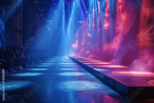 An empty fashion show catwalk with vibrant purple lights creating a theatrical and stylish atmosphere photo