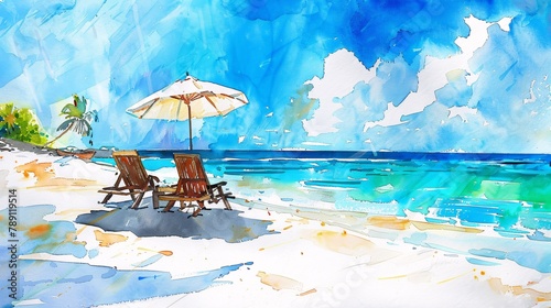 a beautiful beach banner in watercolor, white sand, chairs, umbrella, for a panoramic travel tourism concept. Amazing beach landscape painting