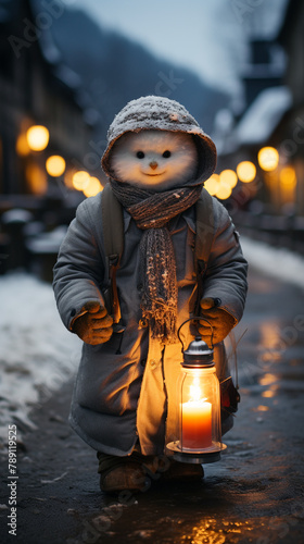 A snowman, night warm photo, snow landscape, happy expression сreated with Generative Ai