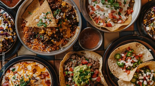 A top down view of several TexMex entrees on a tile table surface : Generative AI