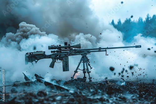 : A machine gun with a bipod, surrounded by a cloud of smoke and debris from firing