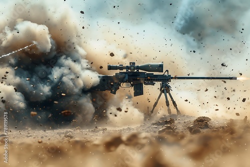 : A machine gun with a bipod, surrounded by a cloud of smoke and debris from firing photo