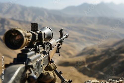 : A machine gun on a swivel mount, with the gunner and the weapon in sharp focus against a blurred background photo