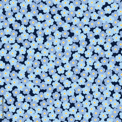 Seamless pattern with blue forget me not flower blooms on dark blue background. Vector illustration. For textile fabric wrapping