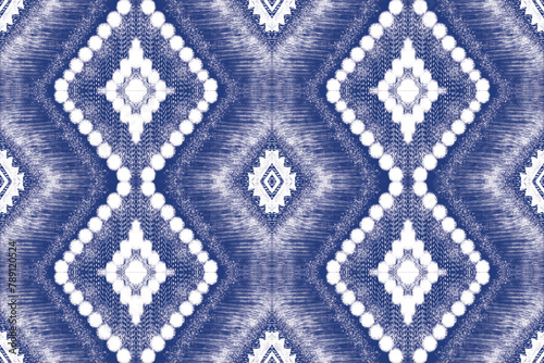 Seamless pattern. ikat, hand drawing ethnic white and blue color, Abstract ogee textured background for textile, wallpaper, carpet, clothing. Traditional bohemian vector illustration.