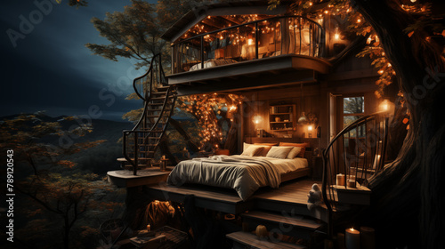 Treehouse Getaway Concept. Cozy Treehouse with Lights at Night. Magical Tree house with Bed and Lights in the Woods photo