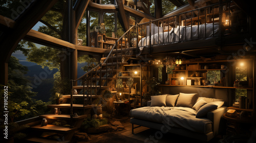 Treehouse Getaway Concept. Cozy Treehouse with Lights at Night. Magical Tree house with Bed and Lights in the Woods