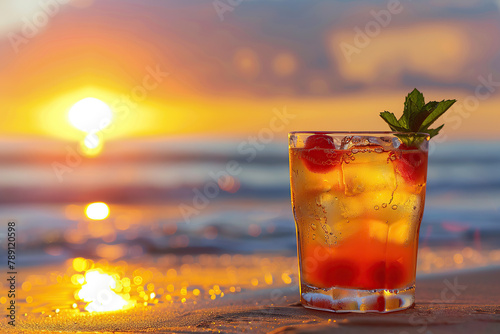 close up horizontal image of a refreshing cocktail on the beach at sunset