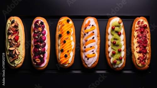 Assortment of delicious eclairs on black background, top view
