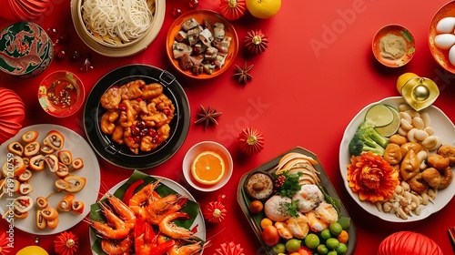 Chinese new year festival table over red background Traditional lunar new year food Flat lay top view : Generative AI