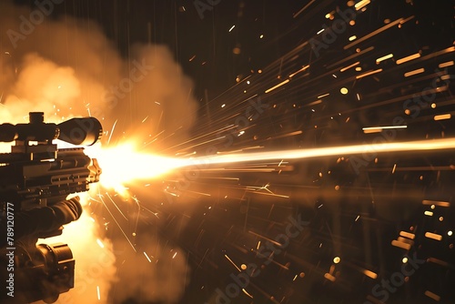 : A machine gun firing in slow motion, with the tracer rounds leaving trails of light photo
