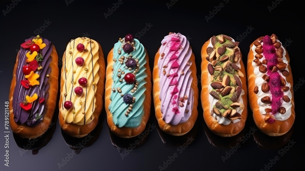 Colorful eclairs with different fillings on a black background