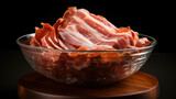 Slices of smoked bacon in a glass bowl on a black background