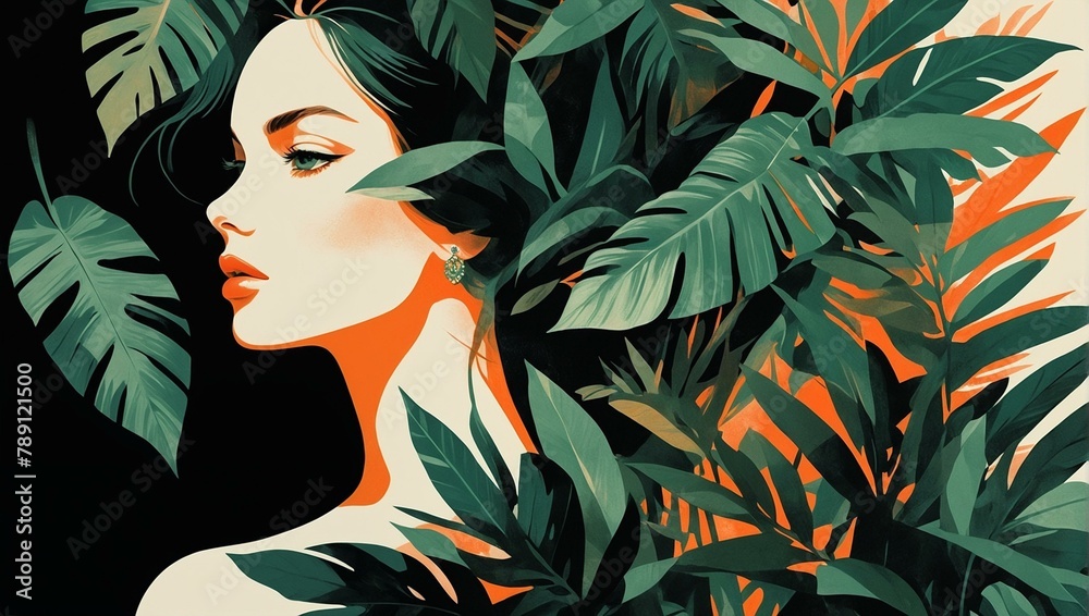 The image features an intricate pattern of tropical plants with green and orange tones set against a soft pastel background The image features an intricate pattern of tropical plants with green and orange tones set against a soft pastel background