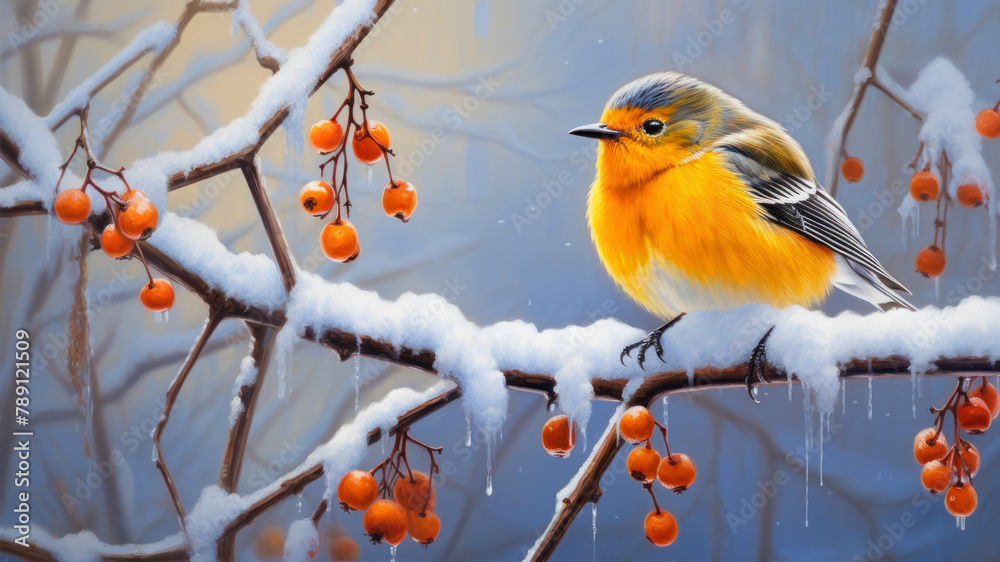 Fototapeta premium A robin is sitting on a branch of rowan covered with snow