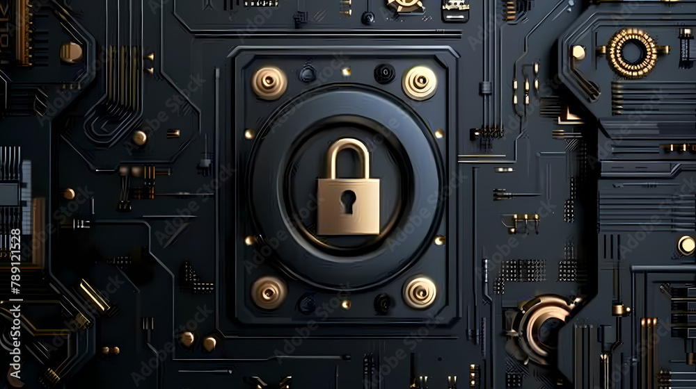 cybersecurity services concept or secure connection of digital privacy closeup and safety lock Yellow Gold design - AI Generative