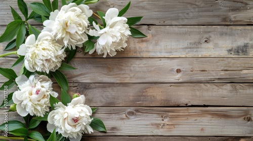 A beautiful display of white peonies against a rustic wooden backdrop featuring ample space for your message captured from a top down perspective ideal for a greeting card © 2rogan