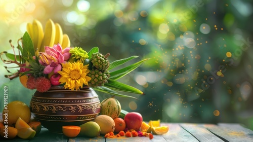 Kerala festival with vishu kani flowers and fruits and vegetables in a vase with shimmering festive copyspace background photo