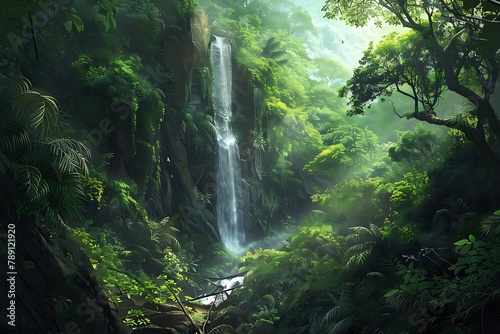   A lush and verdant forest with a hidden waterfall