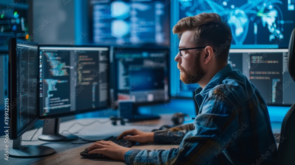 A young IT professional troubleshooting network issues from a sleek, minimalist home office, using dual monitors, styled as contemporary realism. A young IT professional troubleshooting network issues from a sleek, minimalist home office, using dual monitors, styled as contemporary realism.