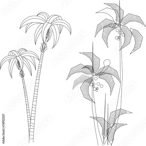 Vector image of a design of a collection of palm trees and shrubs on an island