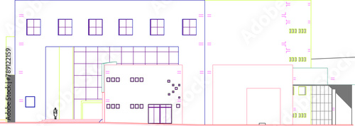 vector image of architectural detail design of the front view of the public cinema performance hall auditorium