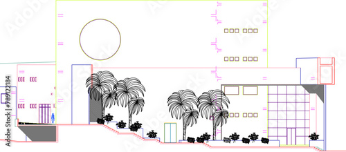 vector image of architectural detail design of the front view of the public cinema performance hall auditorium