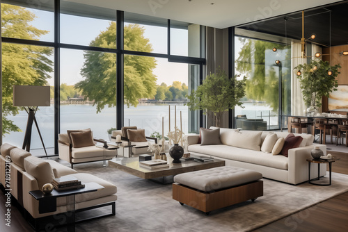 A spacious modern living room with floor-to-ceiling windows. Generative AI tools
