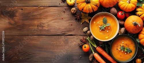 Concept of food and beverages, diet and nutrition depicted in a still life setting. Top view flat lay of a seasonal autumn dish of roasted orange pumpkin carrot soup with ingredients on a table,