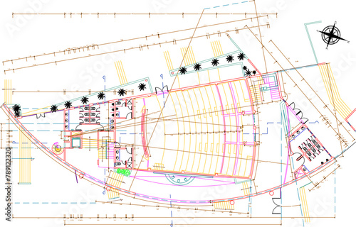 vector image of interior architectural detail design, auditorium plan, public cinema performance hall