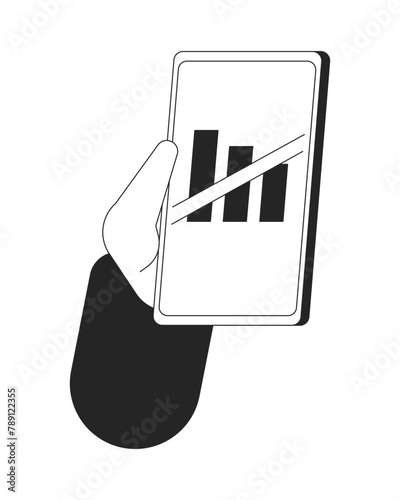No phone signal cartoon human hand outline illustration. Disconnected cellphone 2D isolated black and white vector image. Mobile problem. No connection smartphone flat monochromatic drawing clip art