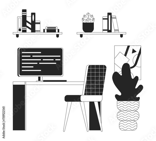 Comfortable home office black and white 2D line cartoon object. Computer desk in room interior isolated vector outline items. Arranged place of freelancer work monochromatic flat spot illustration