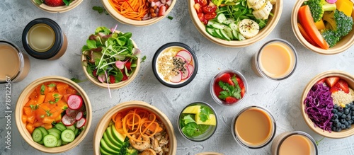 Disposable eco-friendly paper containers with healthy takeout food and beverages on a gray background, viewed from above. The selection includes fresh salad, soup, poke bowl, buddha bowl, fruits,